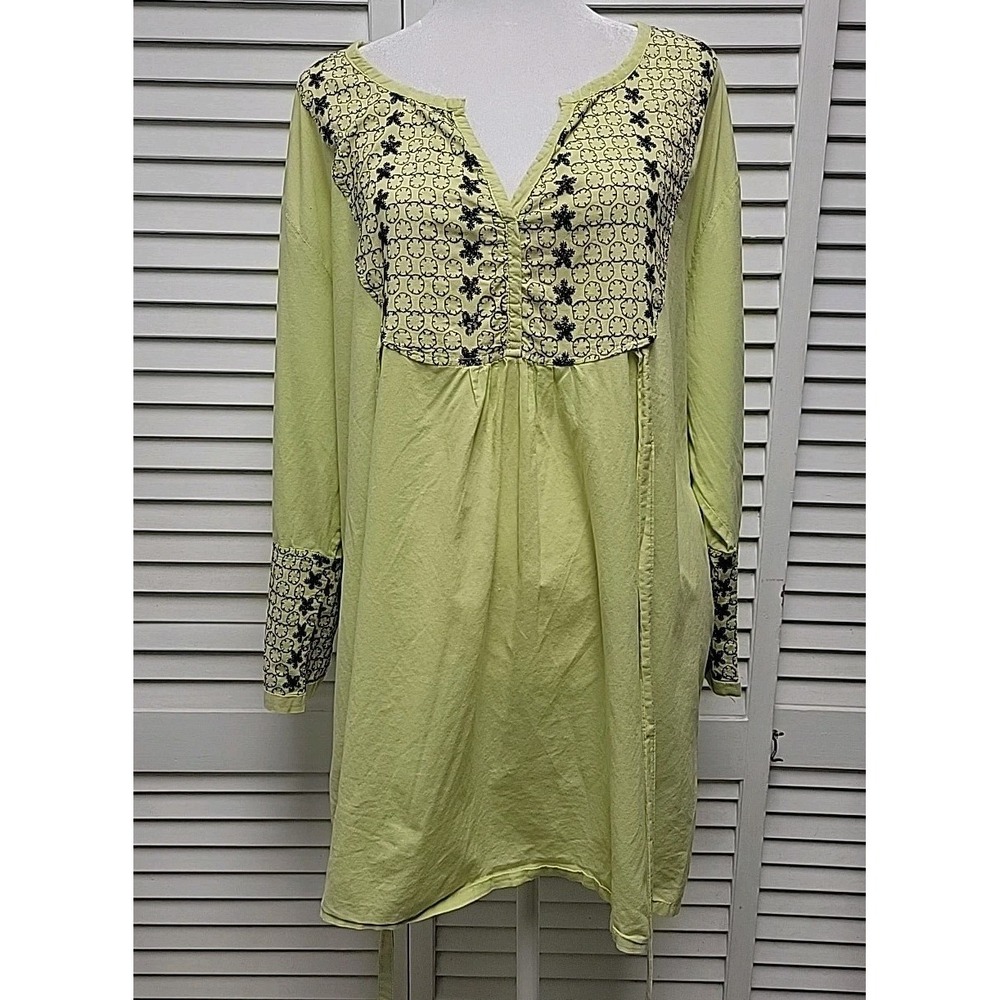 Jane Ashley SZ 2X Tunic Top V Neck Lime Yellow Green Cotton Black Embroidery